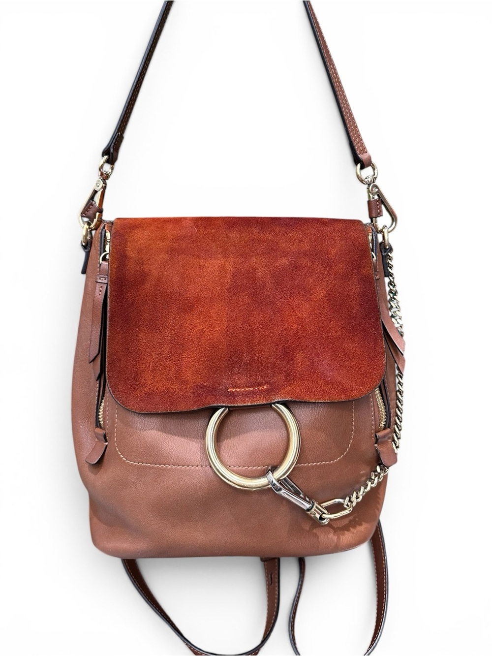 Chloé Faye Medium Backpack Brown Calfskin & Suede Leather Convertible Shoulder